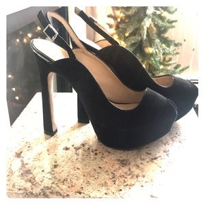 Black faux suede peep toe heels